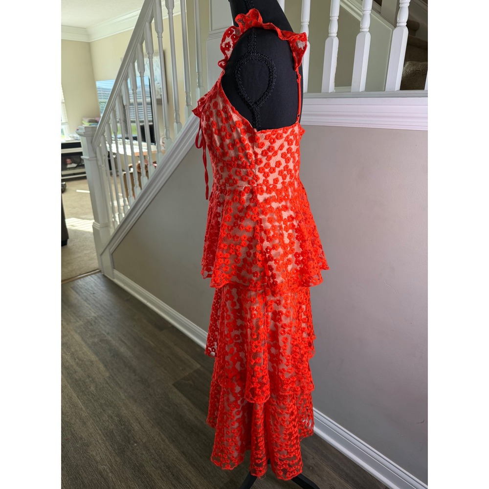 Lulus Someday Swoon Red Floral Embroidered Tiered Midi Dress Ruffle Strap Size M - Picture 6 of 8